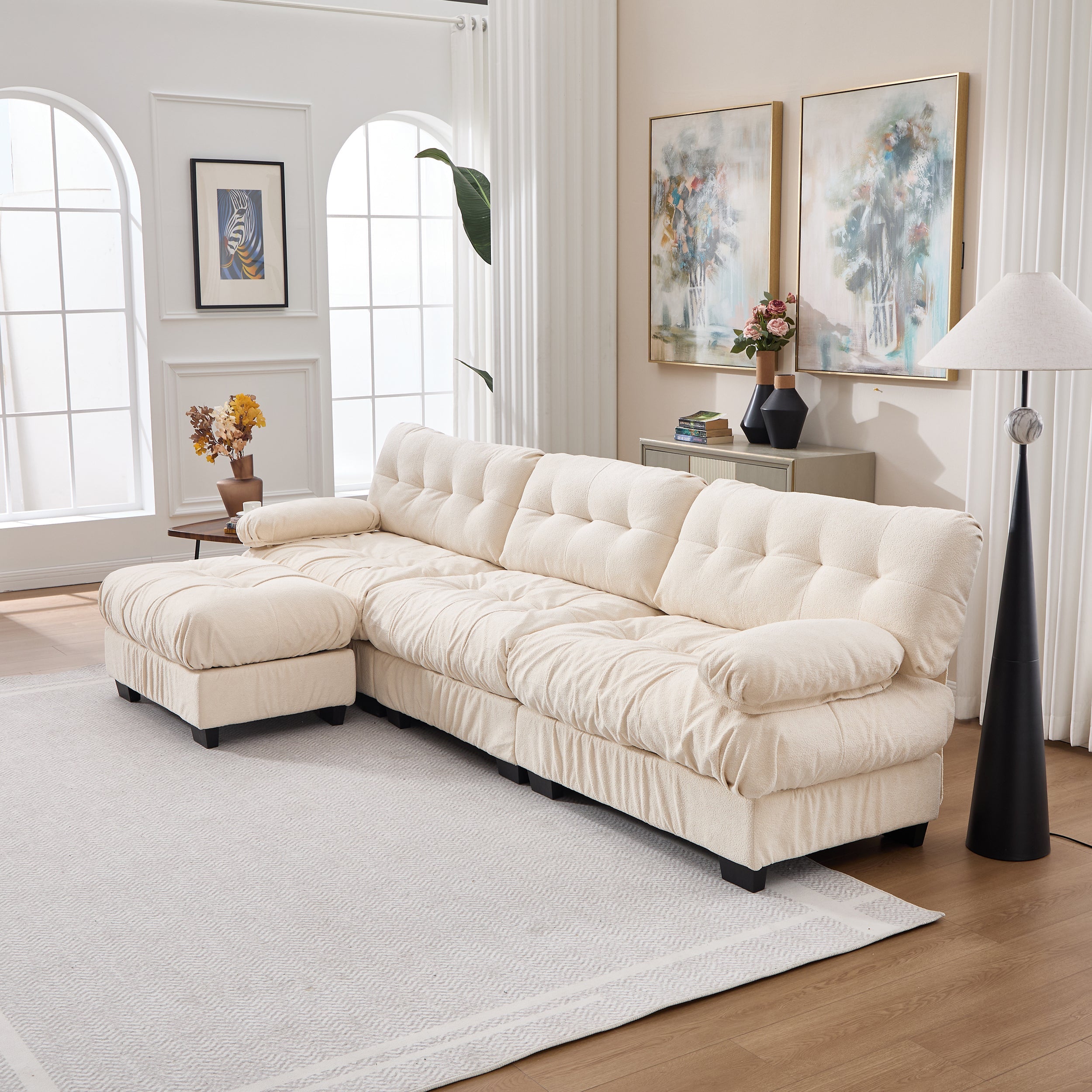 Sectional Sofa L-Shape Flannelette Beige 4 Seat Ottoman 123 In Deep Seat