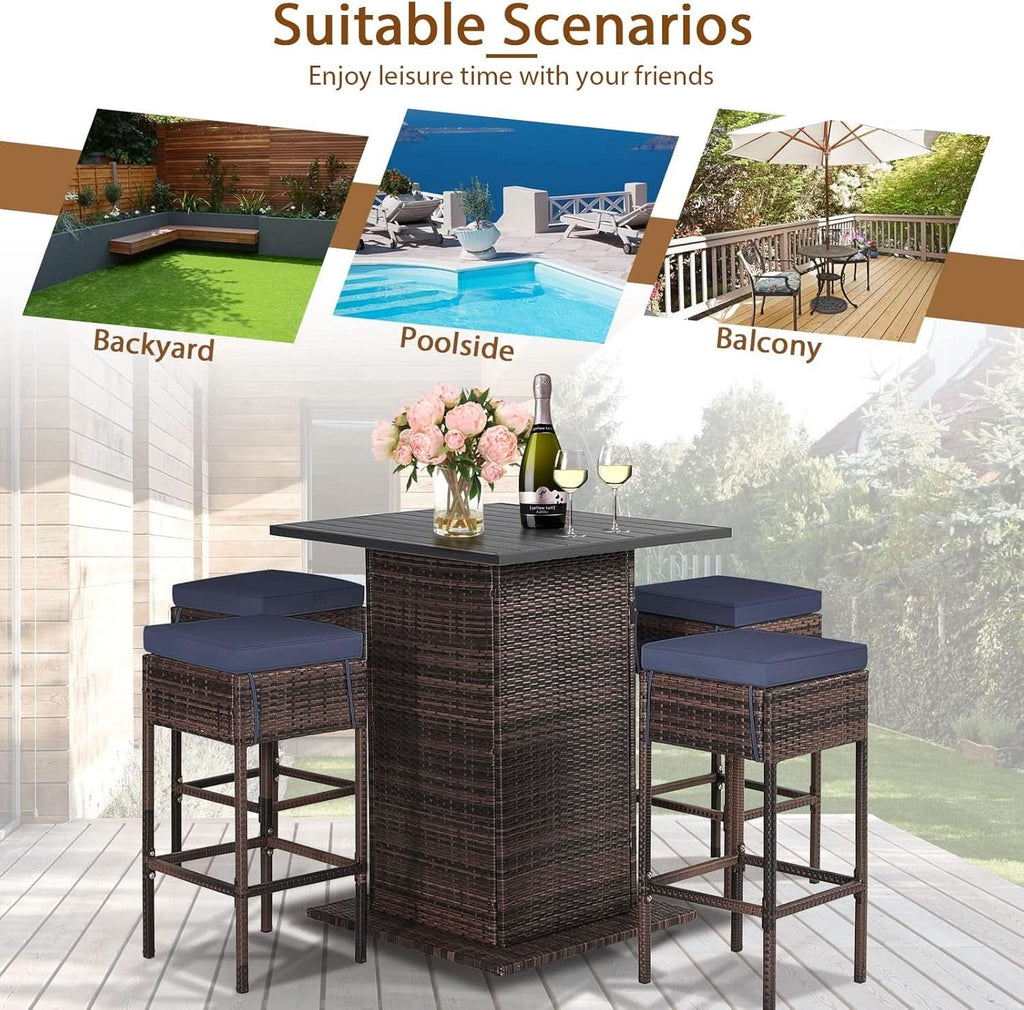 5 Piece Outdoor Bar Set Navy Blue Bar Height Table Storage