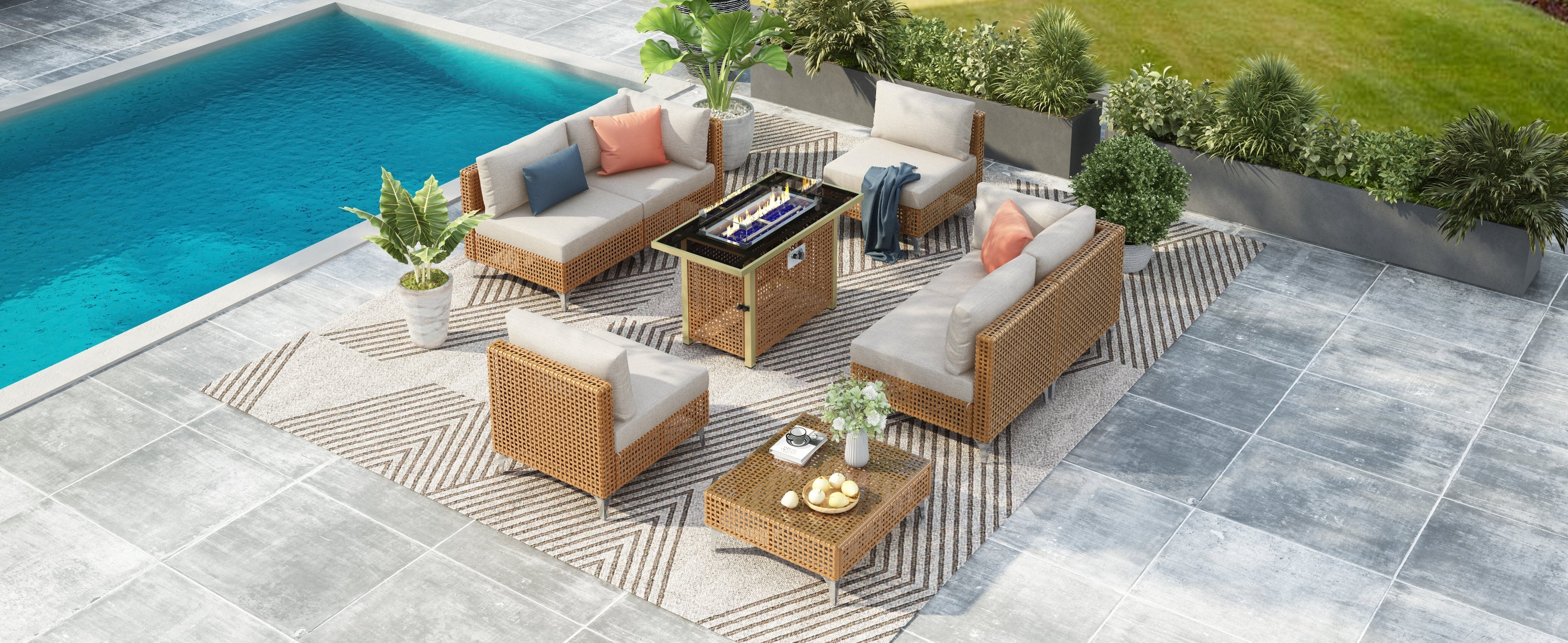 Outdoor Patio Set with Fire Pit Table Rattan Metal Beige 8 Piece