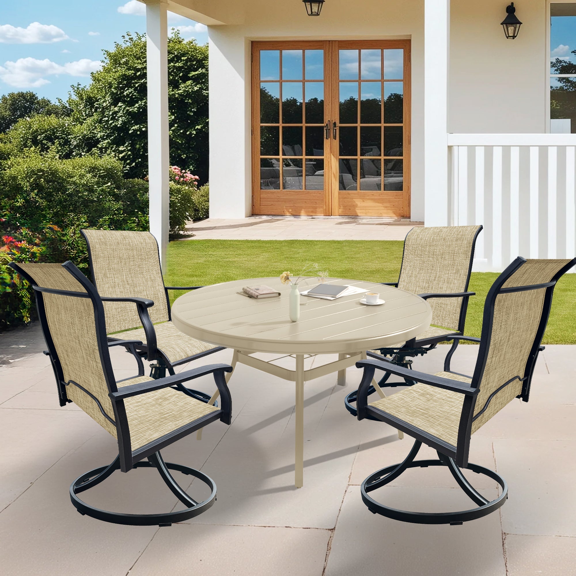 Outdoor Dining Set Round Table Umbrella Hole 4 Swivel Chairs Steel