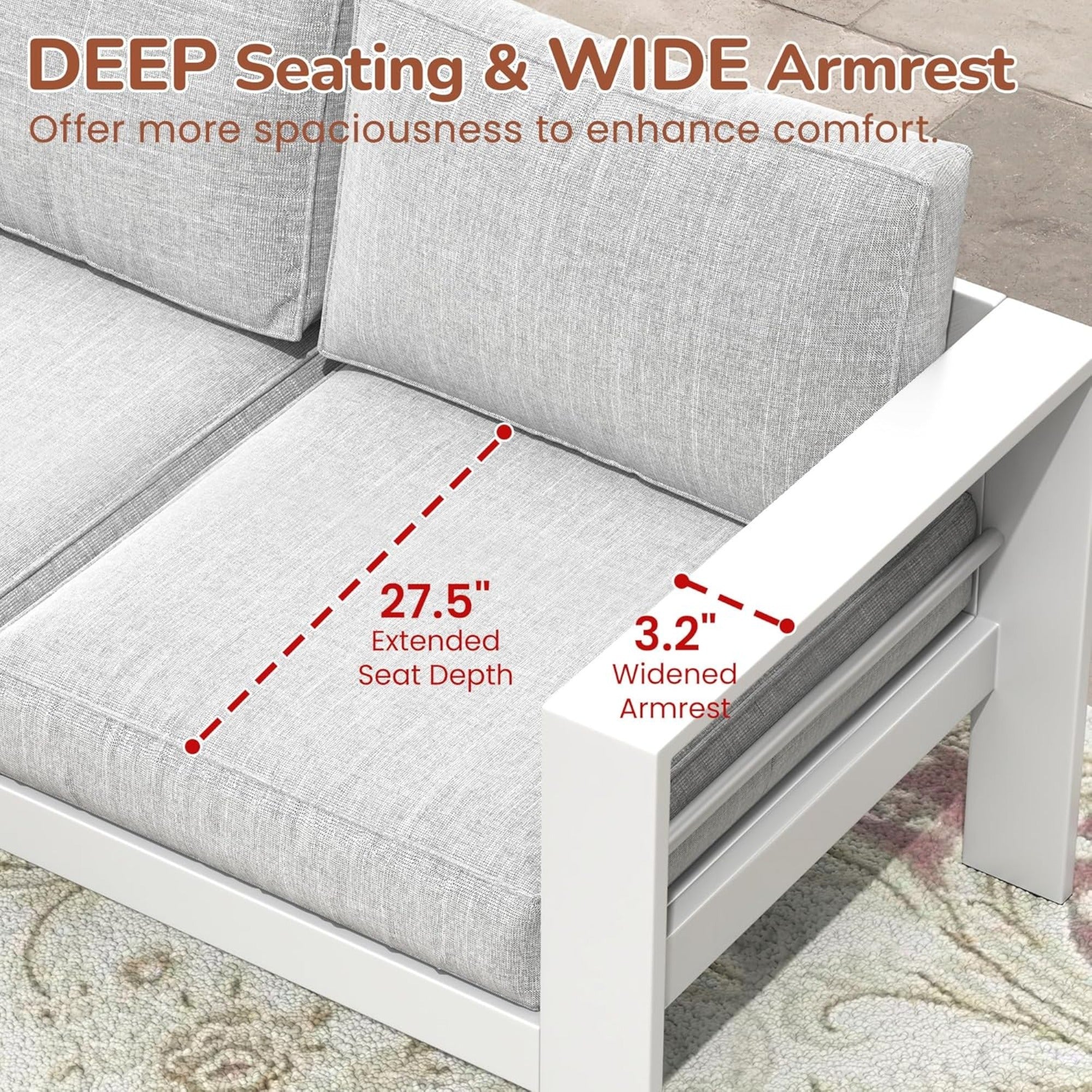 Outdoor Aluminum Sofa 3 Seat 74in White Cushions