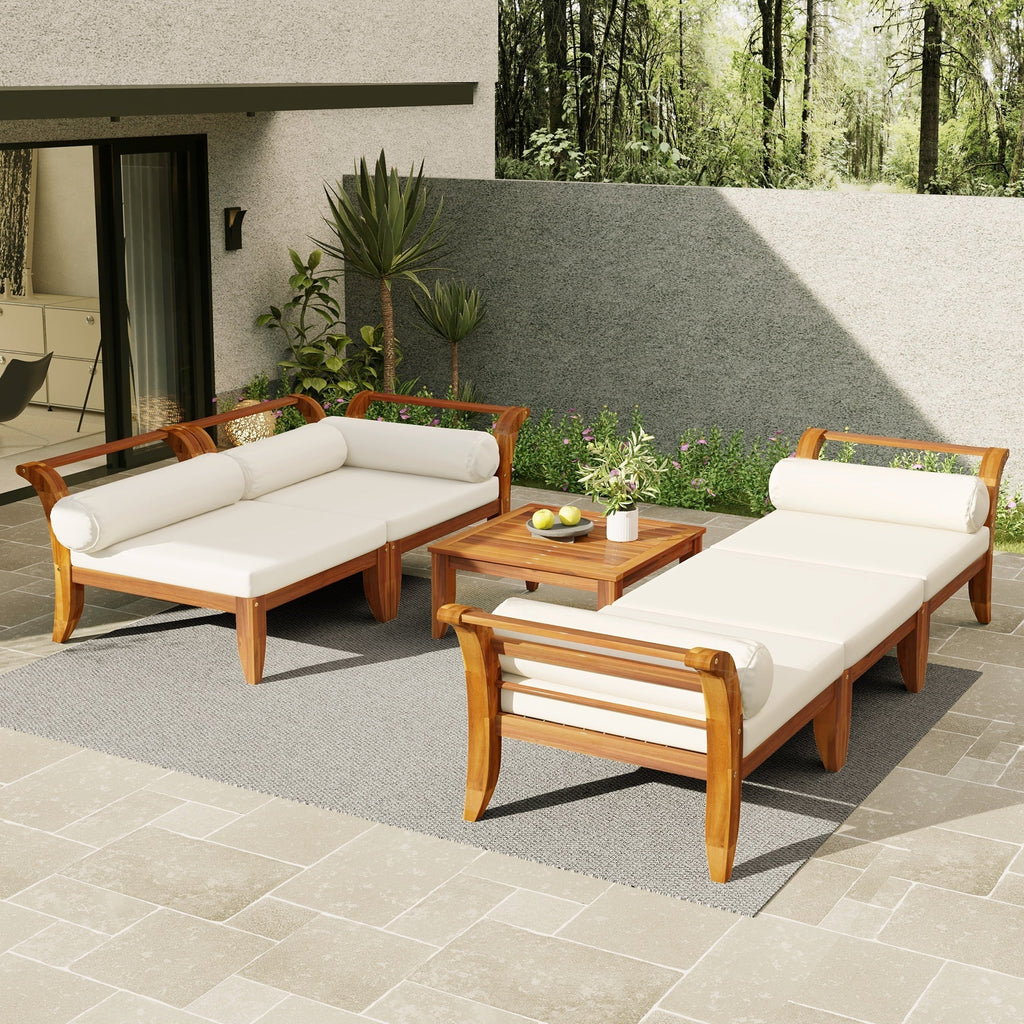 Outdoor Patio Set L-Shape Acacia Wood Teak Beige Cushions 6 Piece
