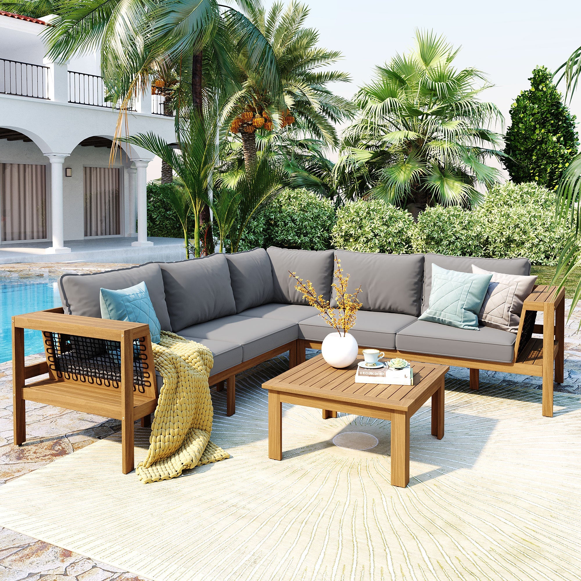 Outdoor Sofa Set Acacia Wood Rope Gray Cushion 4 Piece L-Shape Seats 6