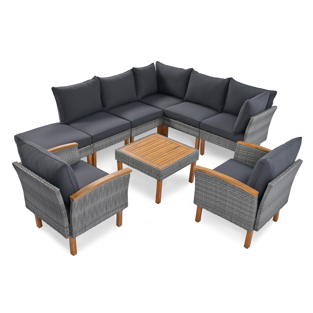 Outdoor Sectional Set PE Rattan Acacia Wood Gray 9 Piece 250 LB