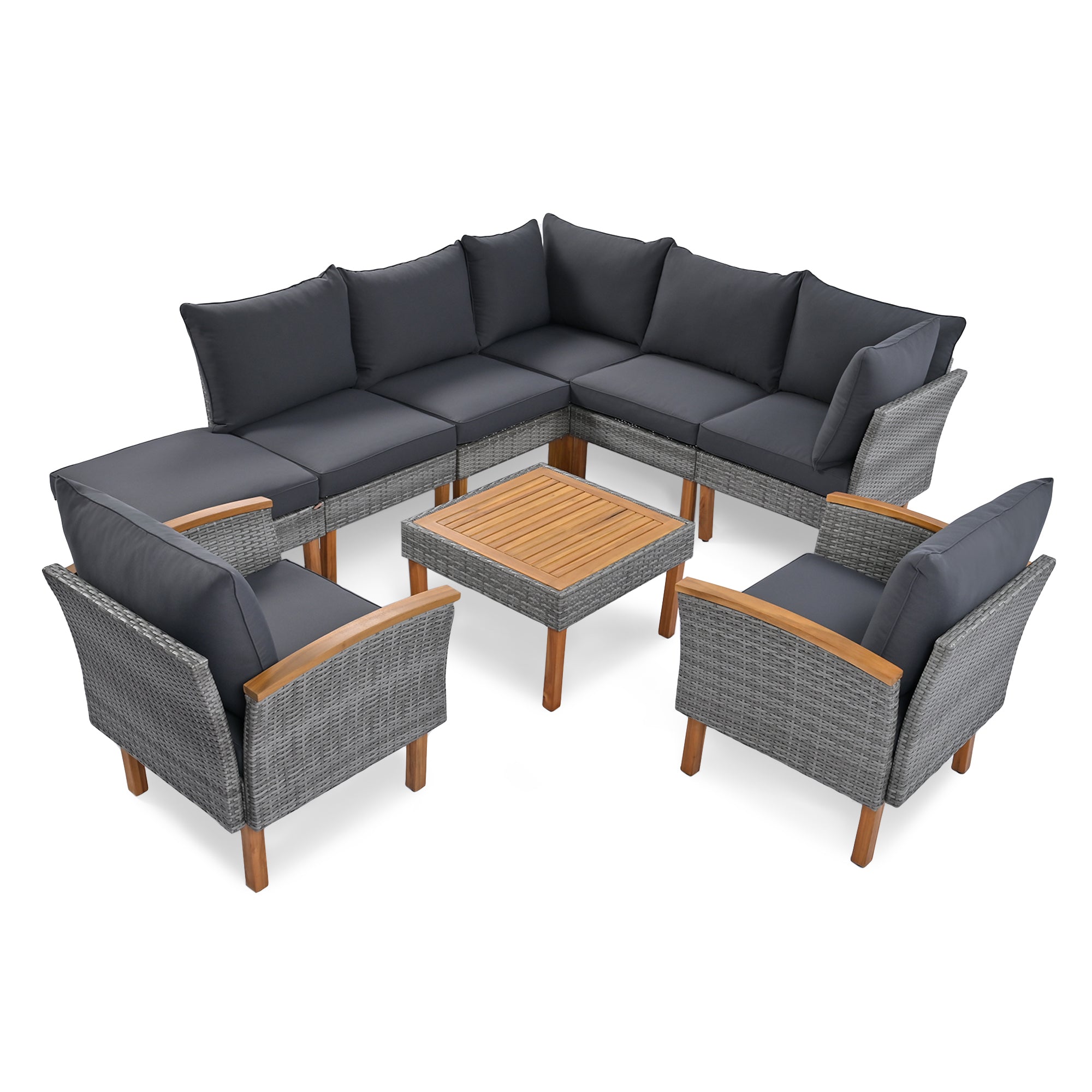 Outdoor Sectional Set PE Rattan Acacia Wood Gray 9 Piece 250 LB