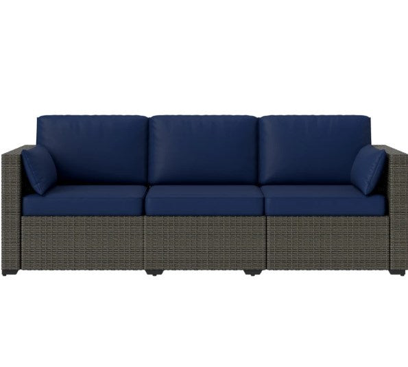 Outdoor Sofa Set PE Rattan Navy Blue 3 Seat Steel Frame 792 lb Capacity