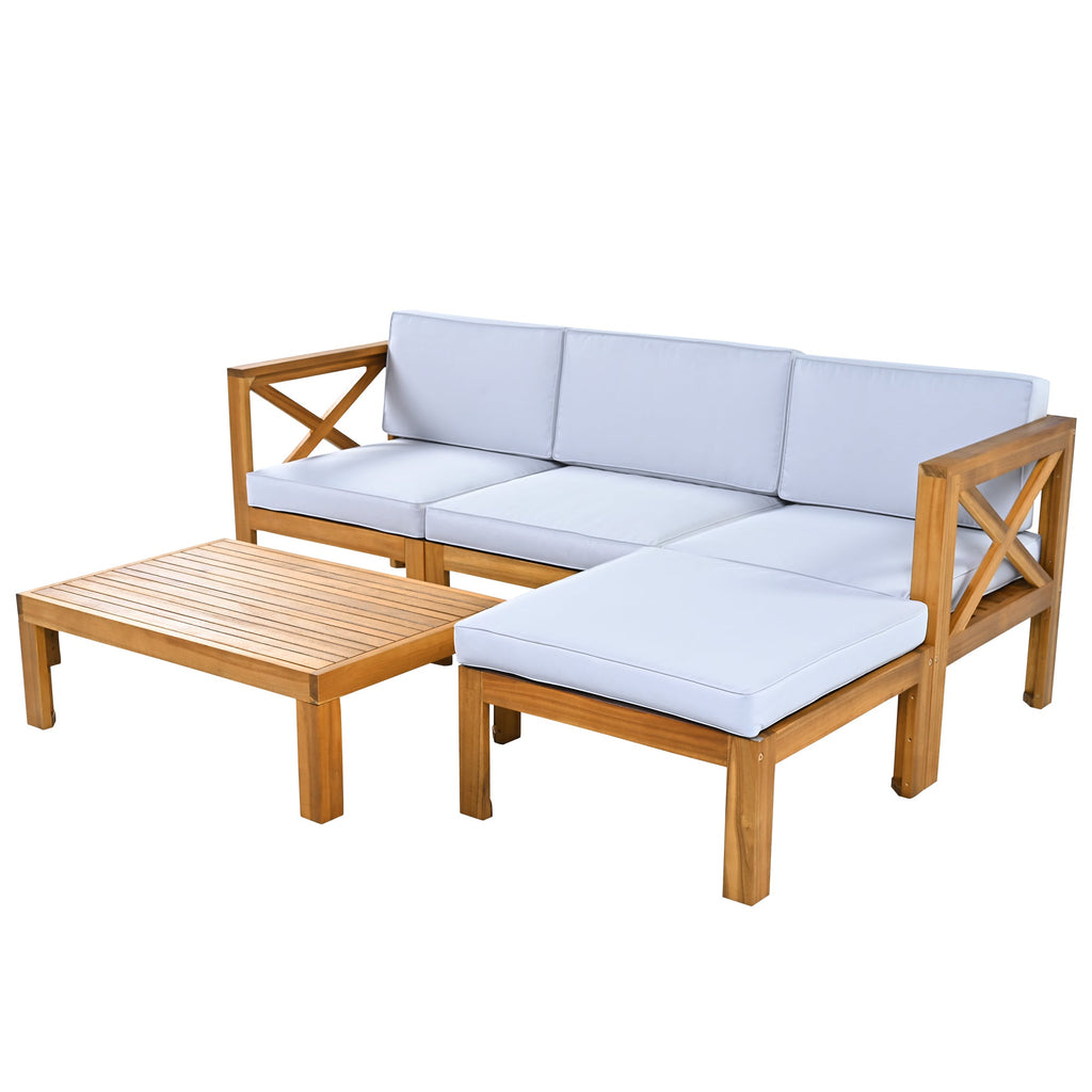 Outdoor Patio Sectional Set Acacia Wood Gray Cushions 5 Piece X-Back