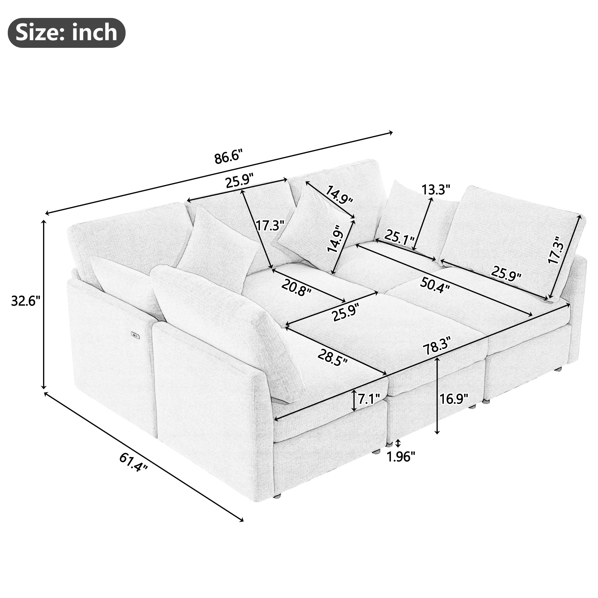 Sectional Sofa U-Shape Modular Chenille Black 5-Seat USB Ports 86.6x61.4 In