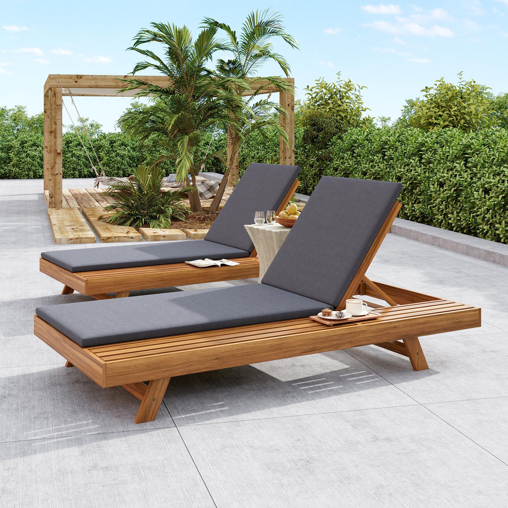 Acacia Wood Chaise Lounge Dark Gray Cushion 4-Position