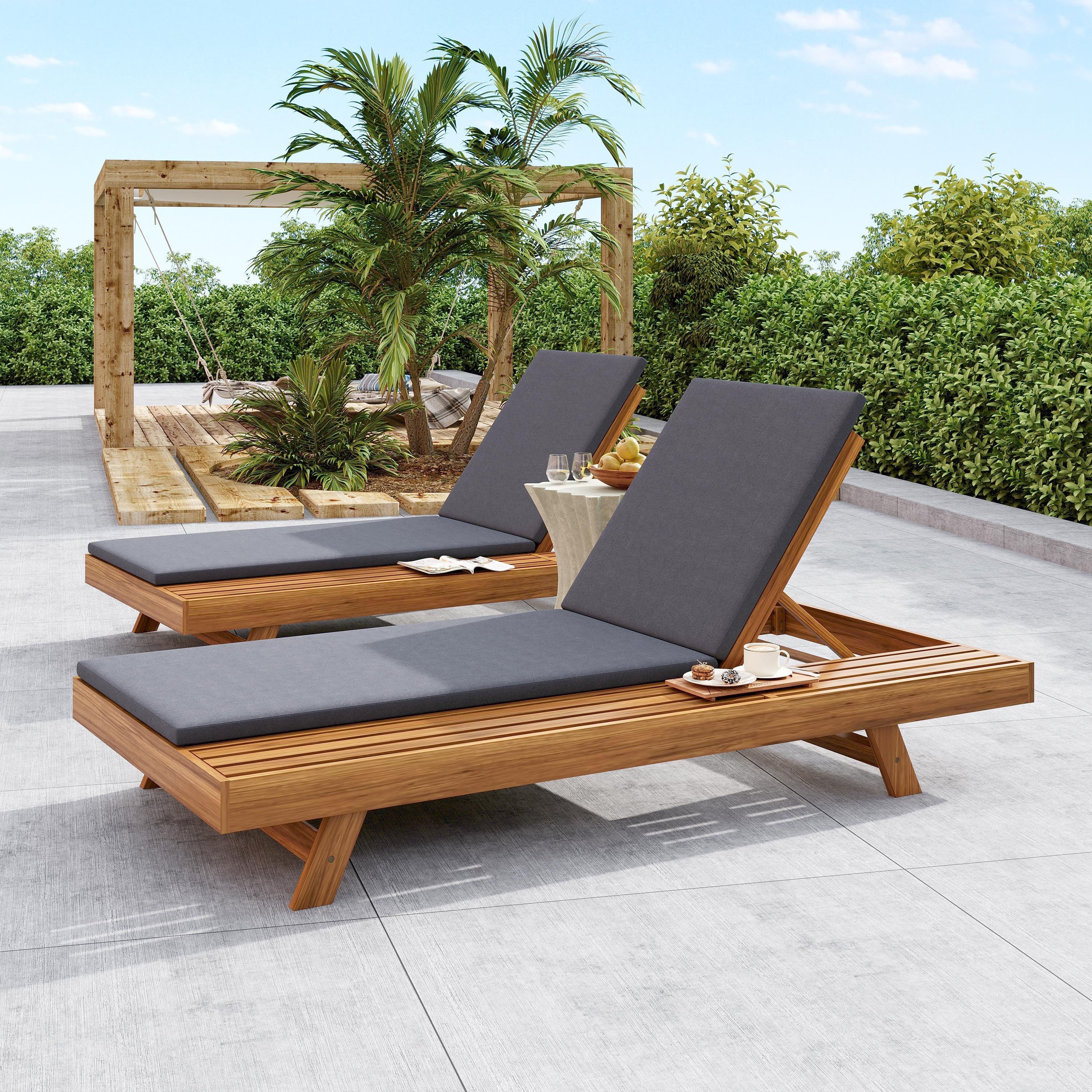Acacia Wood Chaise Lounge Dark Gray Cushion 4-Position