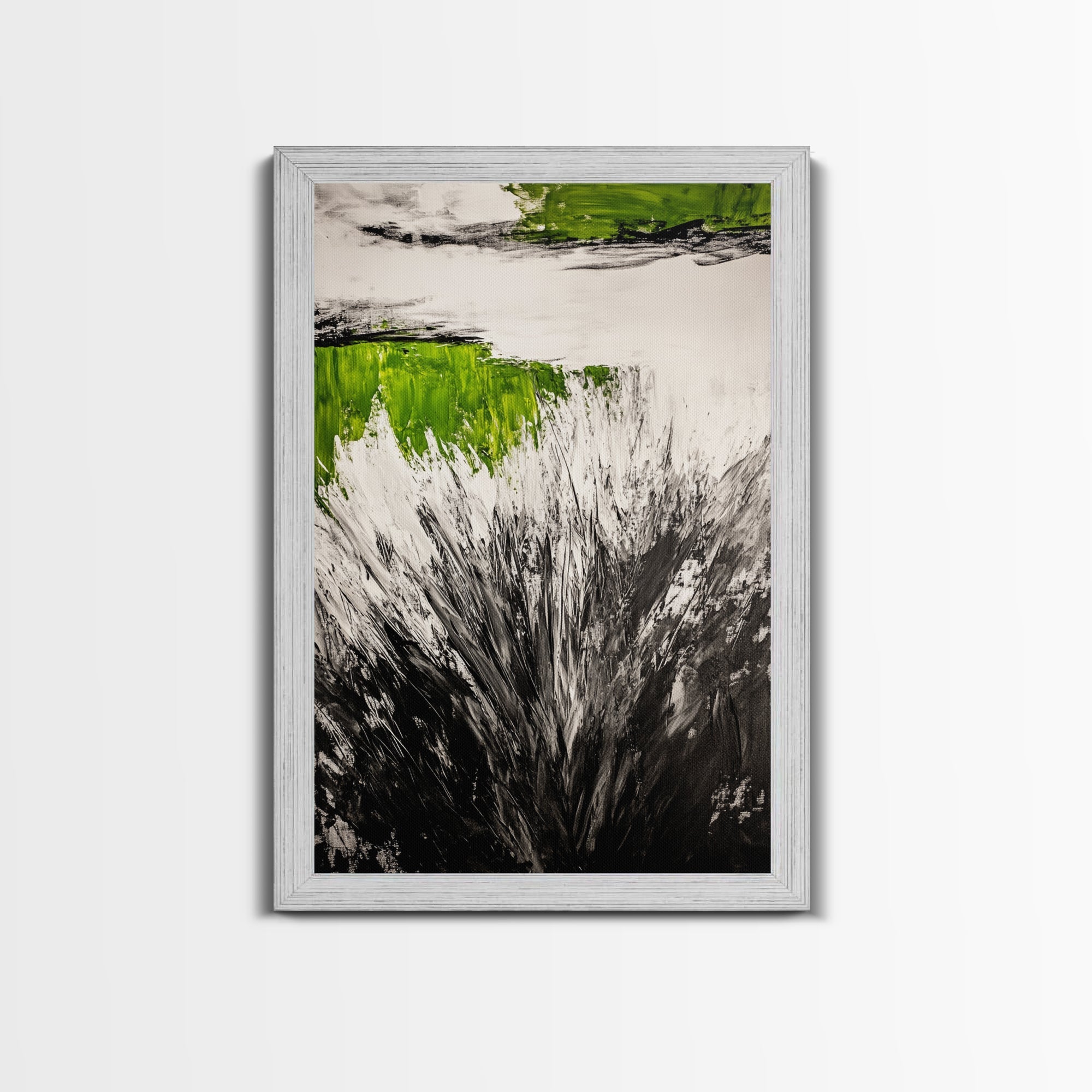 Wild Grass, Black and White with Green Accents, Abstract Nature Painting, Framed Canvas Print, Rustic Farmhouse or Living Room Decor