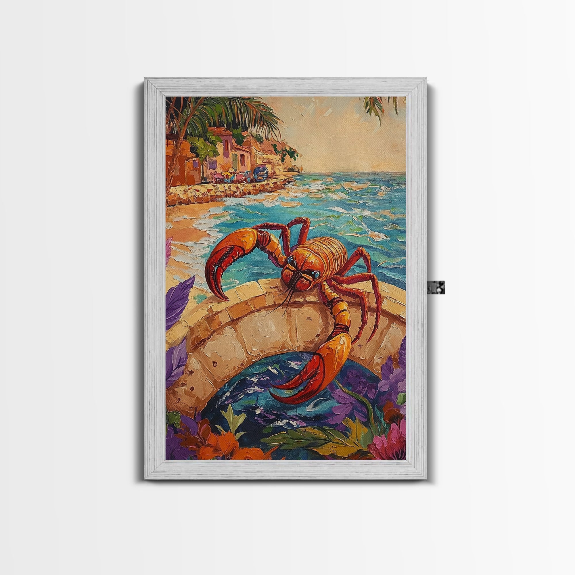 Lobster Art, Coastal Bridge, Tropical Scene, Nautical Style, Framed Canvas Print, lobster decor, beach cottage coastal art, bathroom print