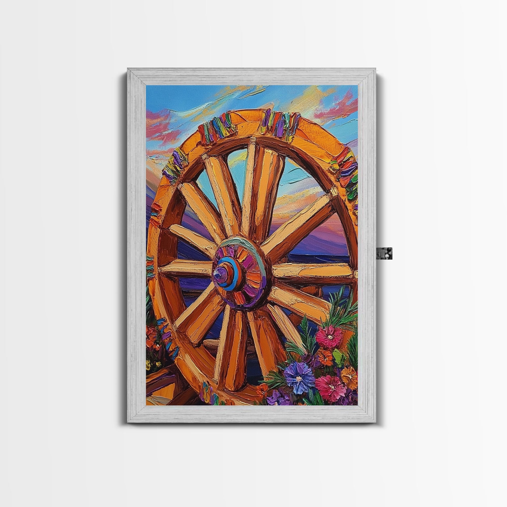 Colorful Wheel Art, Rustic Wall Decor, Western Vibes, Farmhouse Charm, Framed Canvas Print, Fall Decor, Country Living Room Wall Art