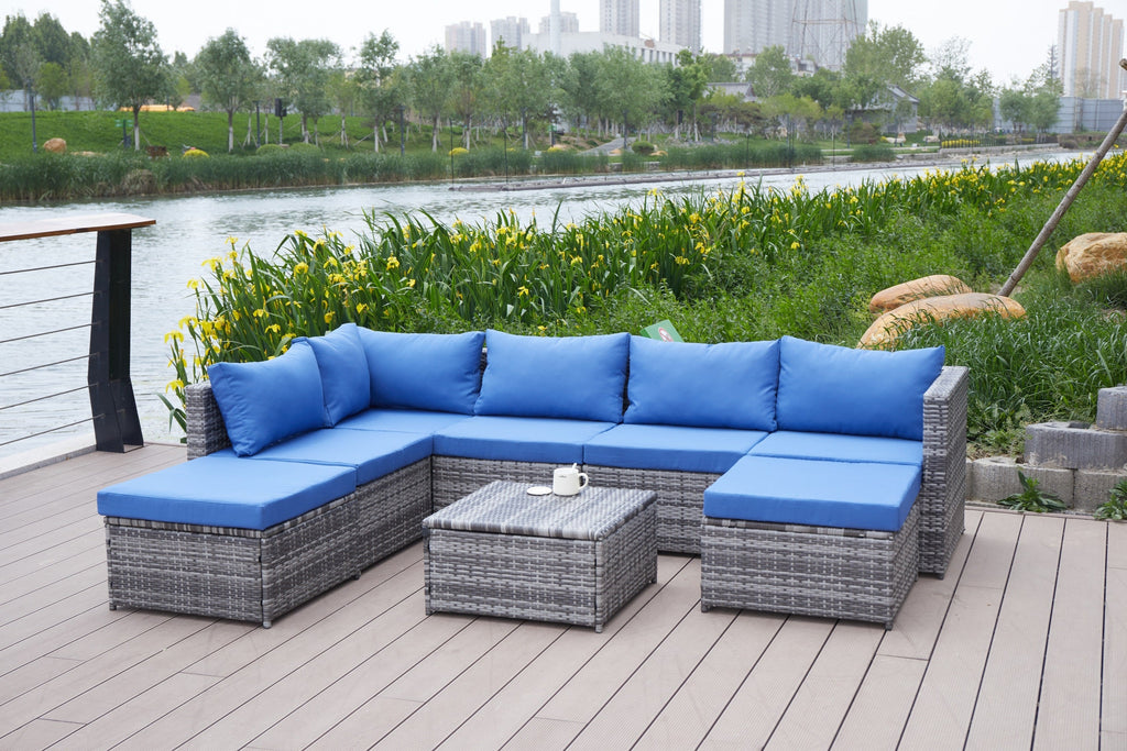 Outdoor Patio Sofa Set PE Rattan Blue Gray All Weather Steel Frame