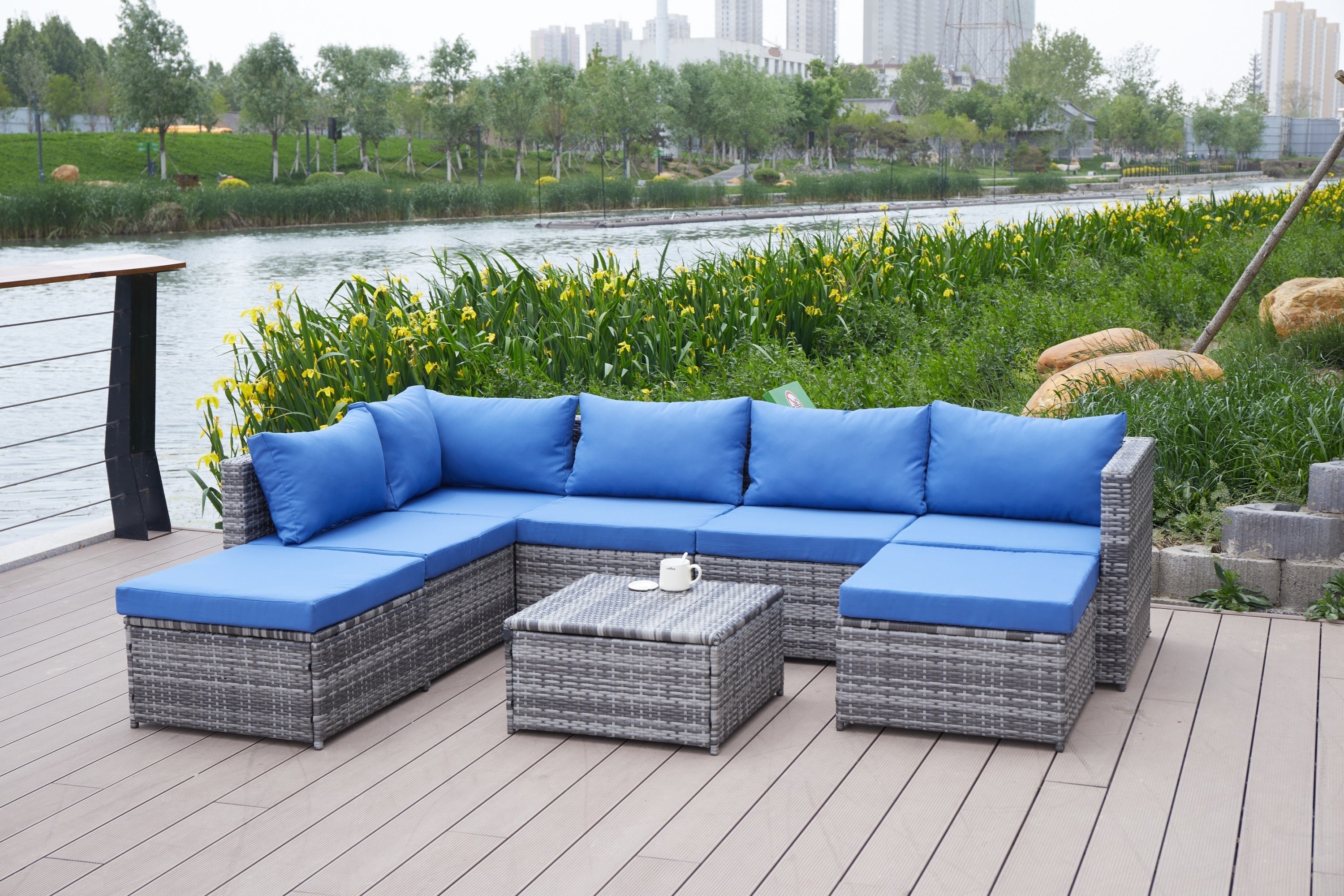Outdoor Patio Sofa Set PE Rattan Blue Gray All Weather Steel Frame