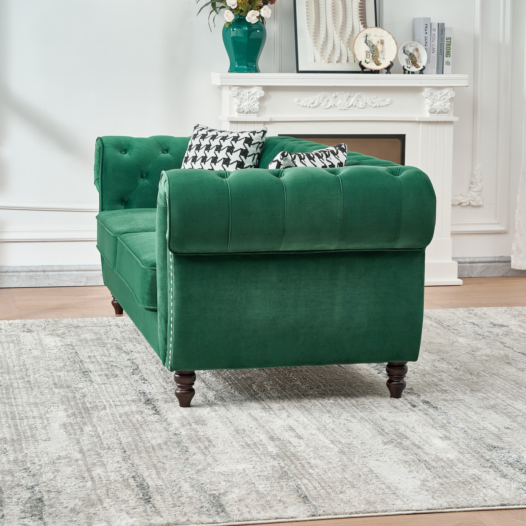 Loveseat Chesterfield Velvet Green Mid-Century Nailhead Rolled Arms 67 In