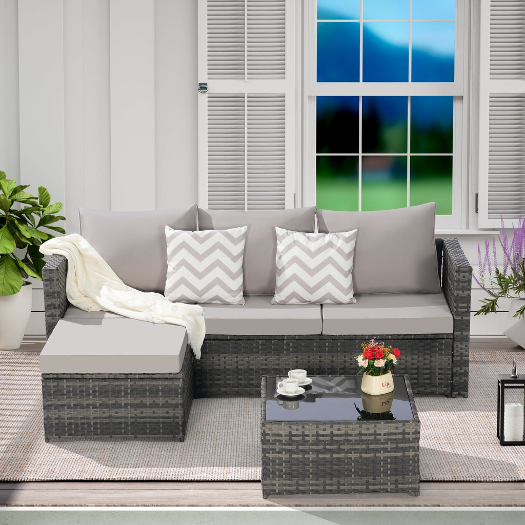 Outdoor Sectional Set PE Rattan Steel Light Gray L-Shape 3 Piece Seats 4