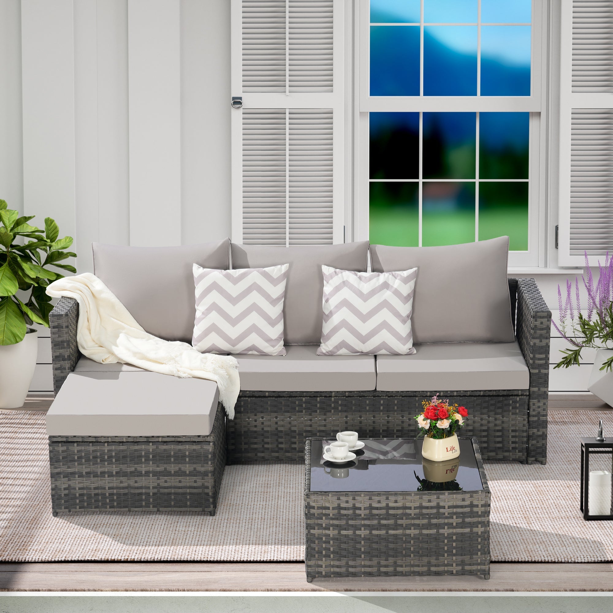 Outdoor Sectional Set PE Rattan Steel Light Gray L-Shape 3 Piece Seats 4