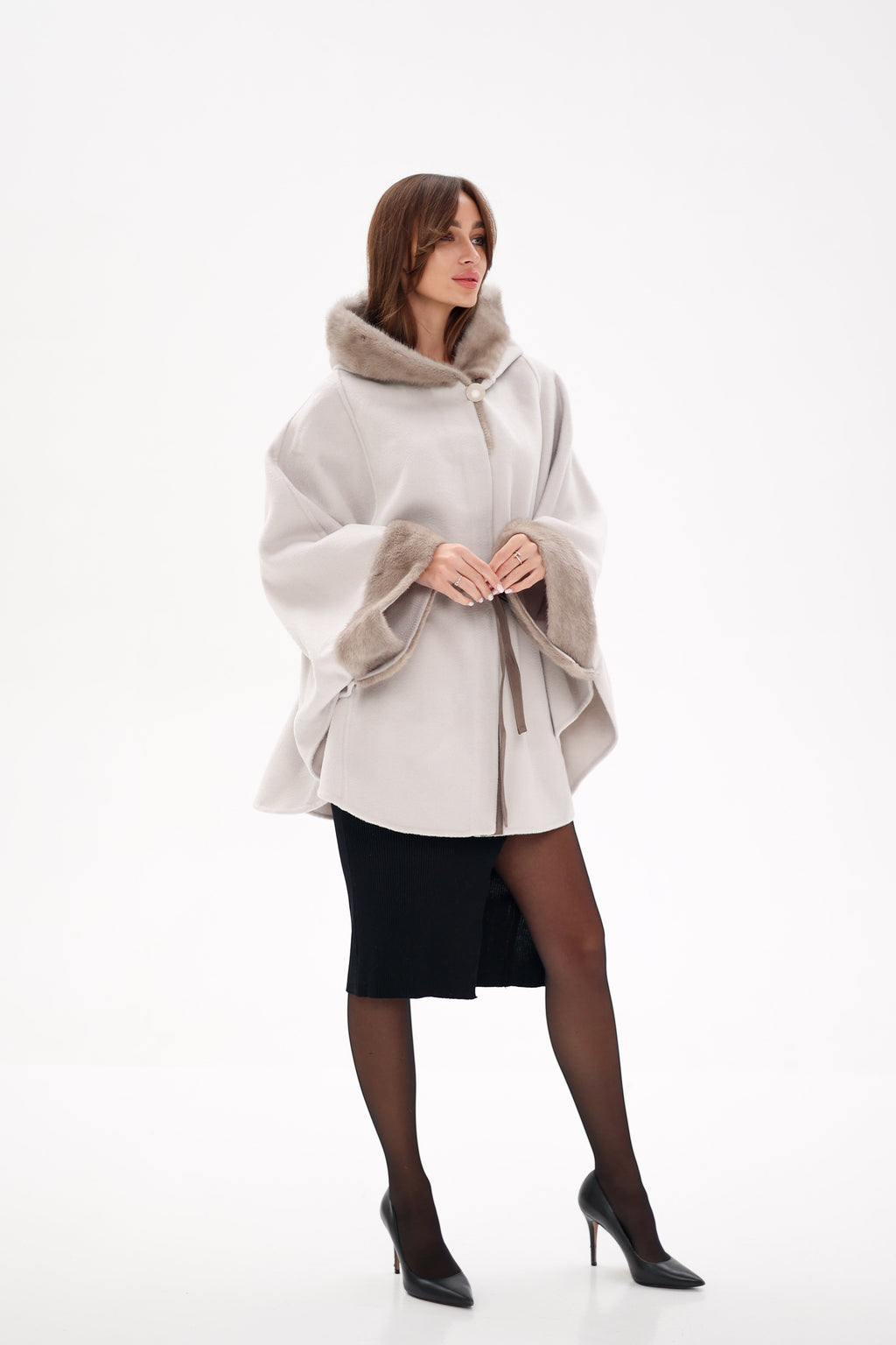 Genuine Mink Fur Double Face Wool Hooded Poncho