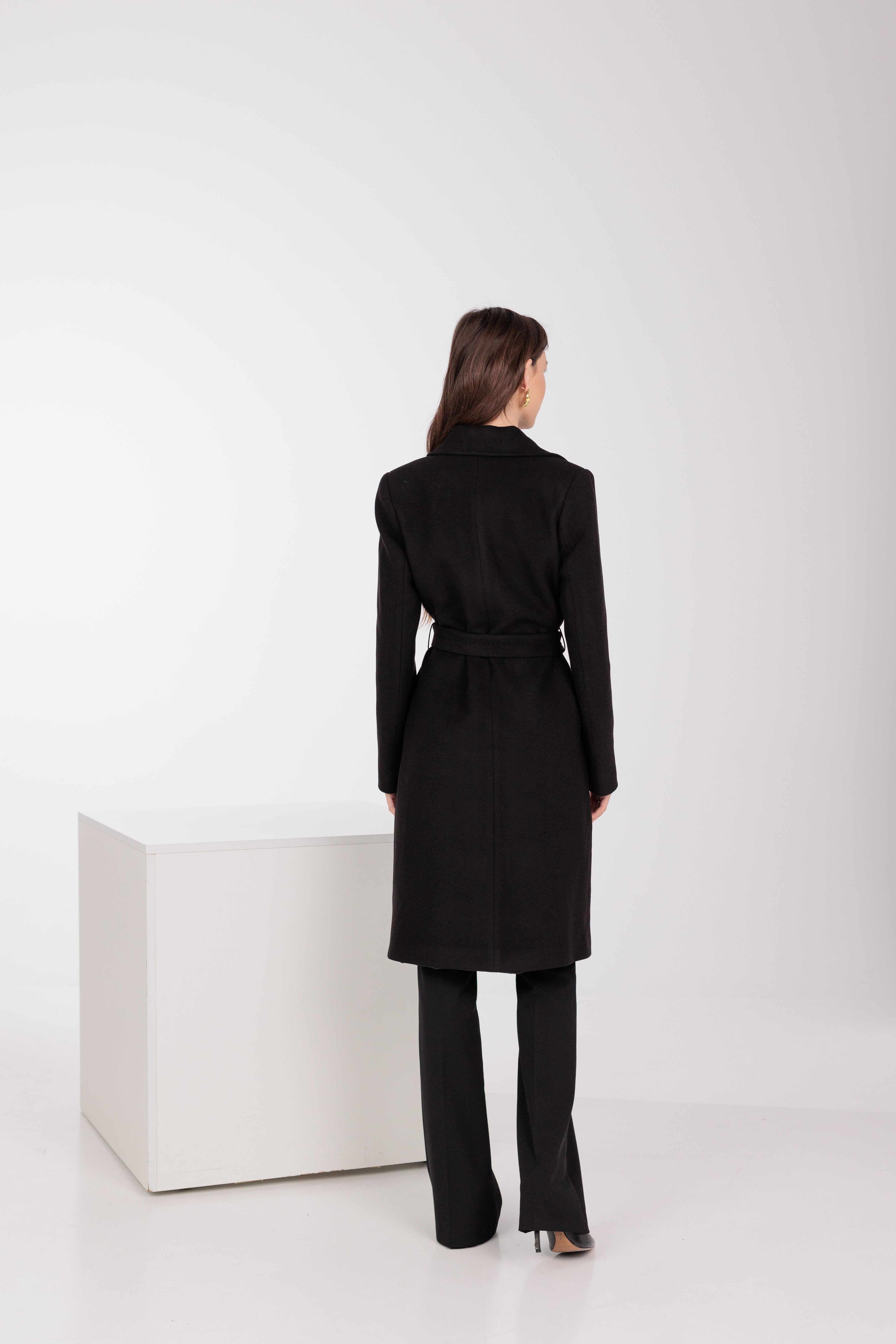 Geneva Classic Wraparound Wool Blend Overcoat in Black