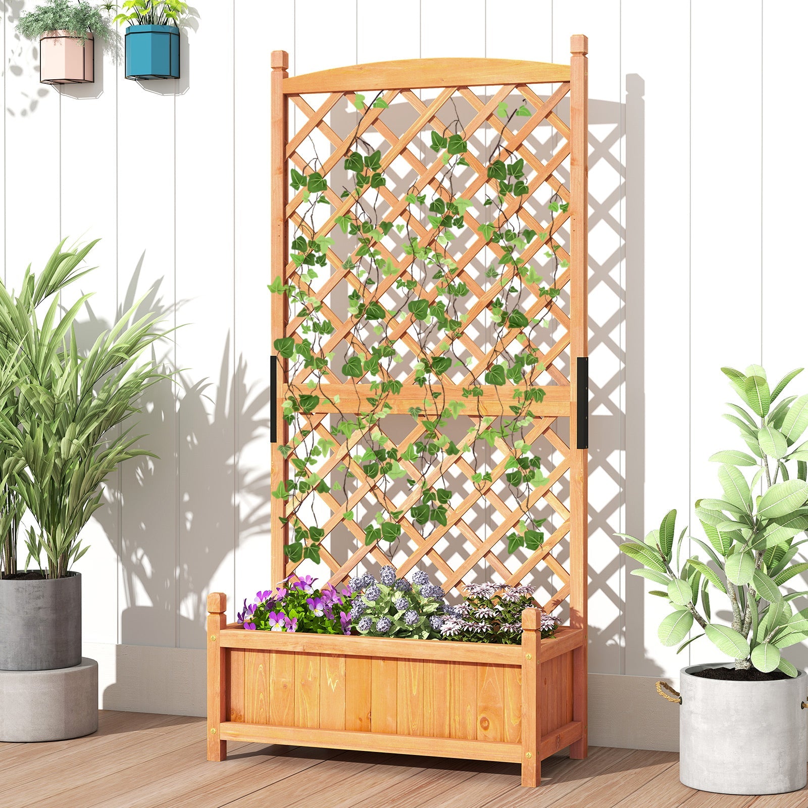 60 Inch Tall Raised Garden Bed with Diamond Lattice Trellis and Drainage Holes