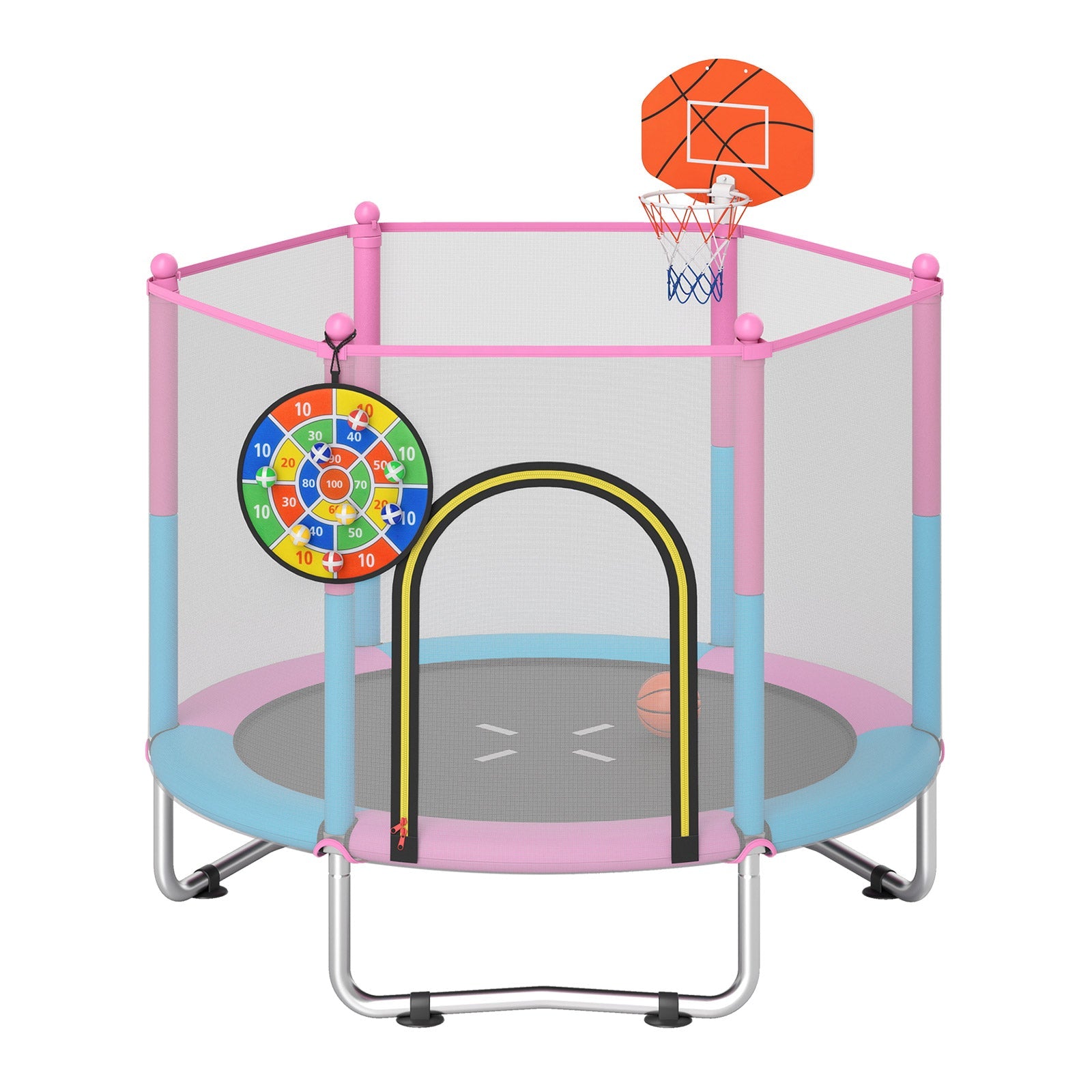 60 inch Kids Trampoline Toddler Recreational Trampoline with Basketball Hoop-Macaron