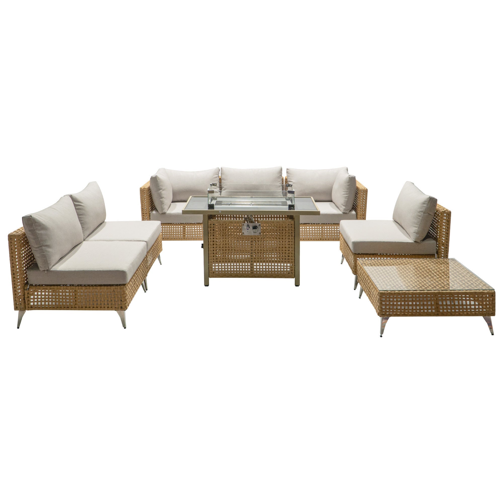 Outdoor Patio Set with Fire Pit Table Rattan Metal Beige 8 Piece