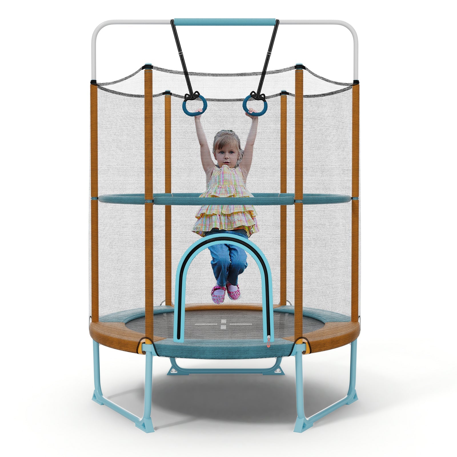60 Inch Trampoline with Gymnastic Bar and Rings for Kids