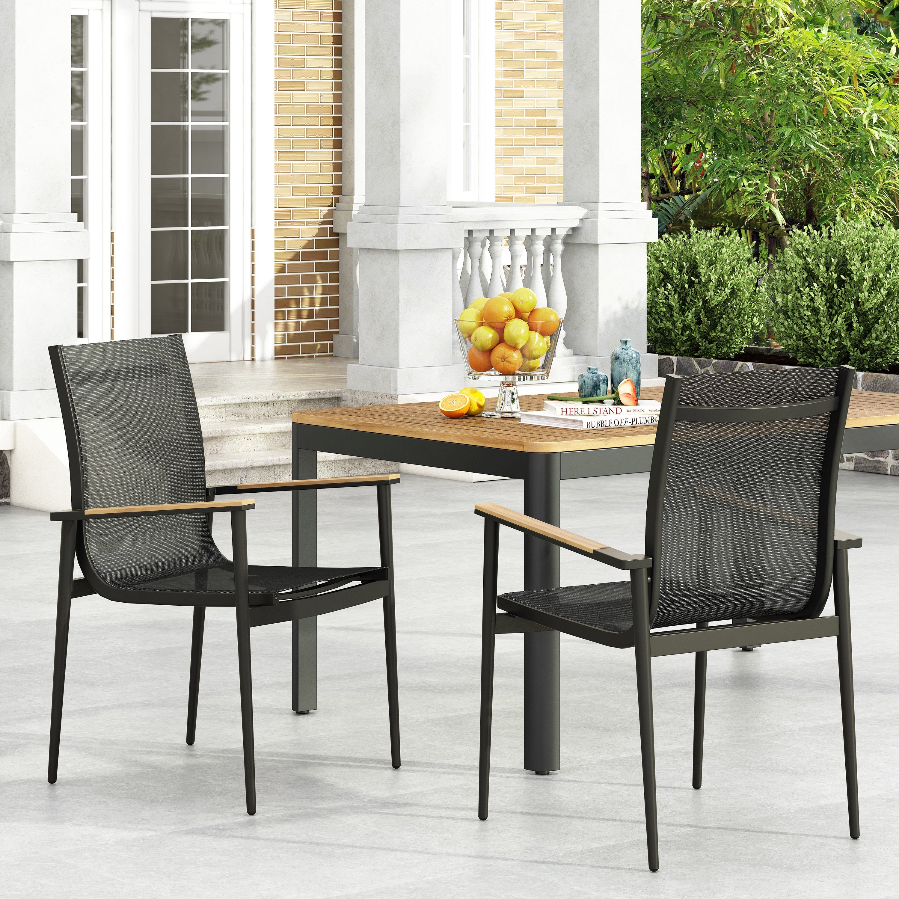 Dining Chair Outdoor Aluminum Mesh Black Natural Faux Wood Accent 22x25x36 In