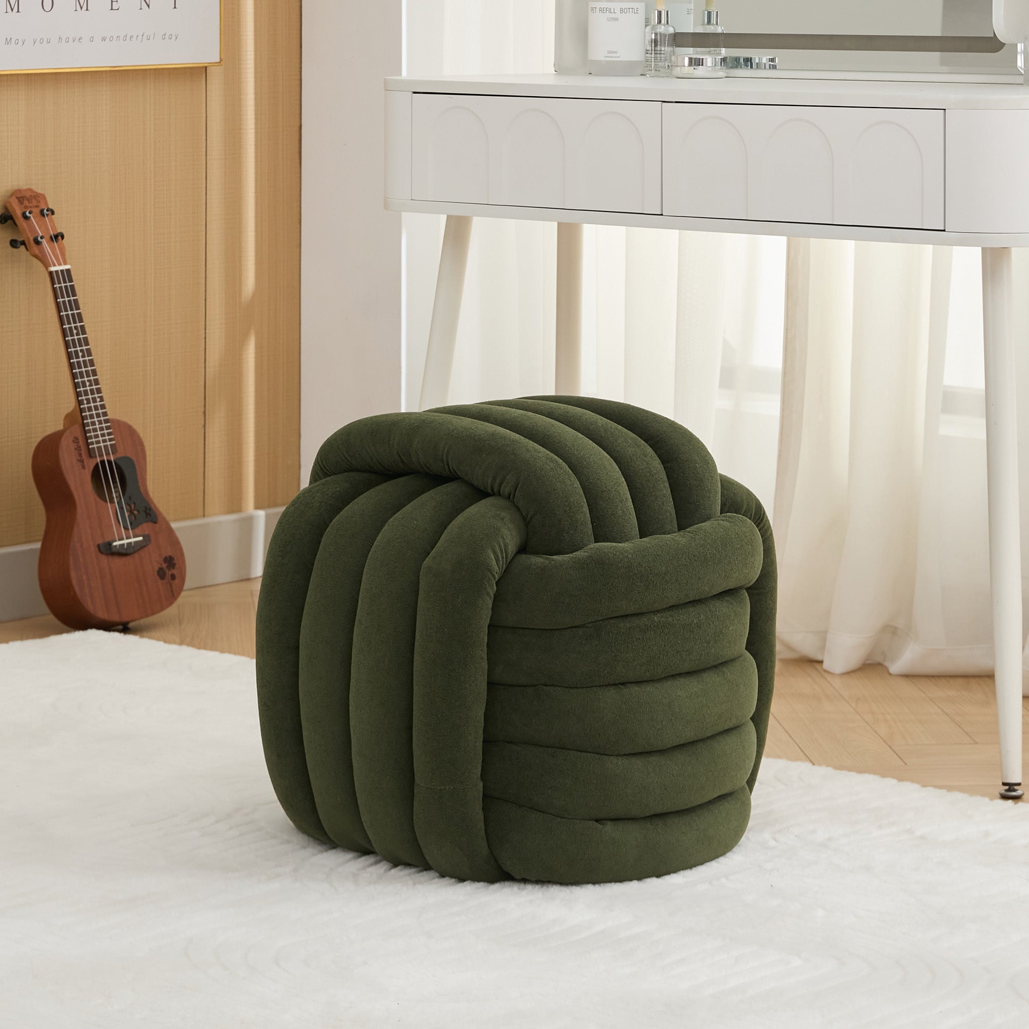 Chenille Knot Design Ottoman Makeup Stool Footstool, Green