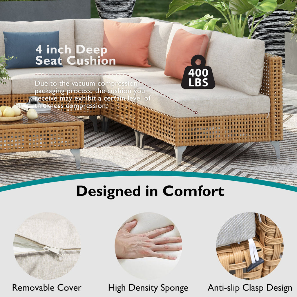 Outdoor Patio Sectional Set Rattan Metal Beige 7 Piece Tempered Glass