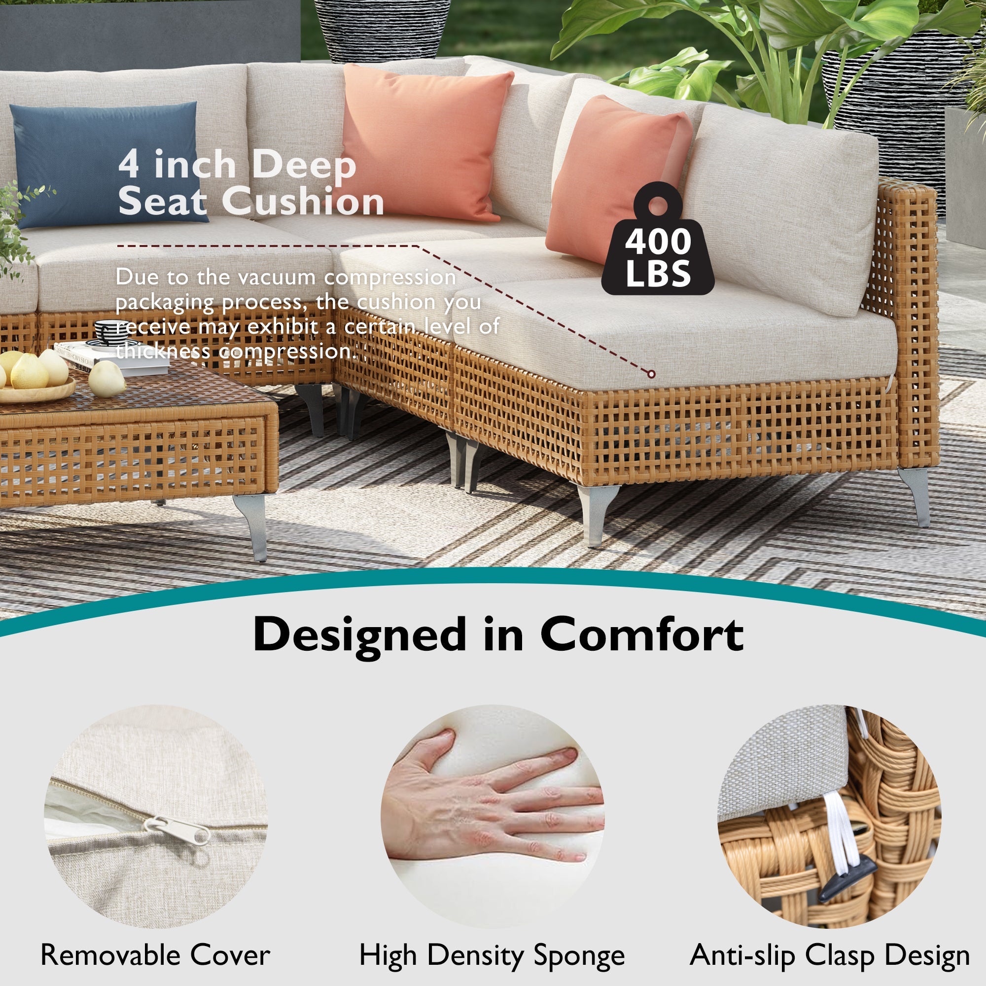 Outdoor Patio Sectional Set Rattan Metal Beige 7 Piece Tempered Glass
