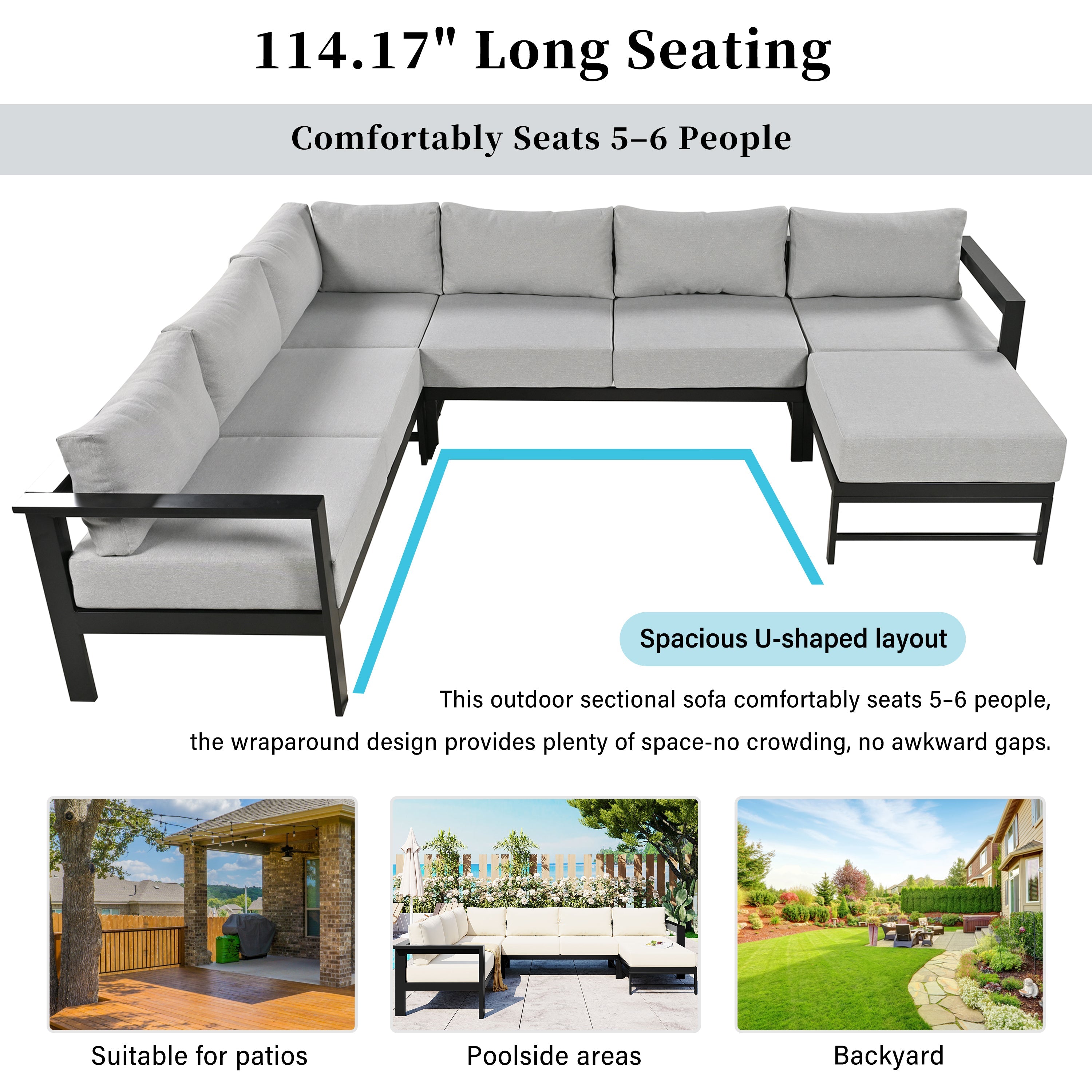 Outdoor Sectional Set Iron Gray U-Shape Seats 5 to 6 5.9 In Cushion