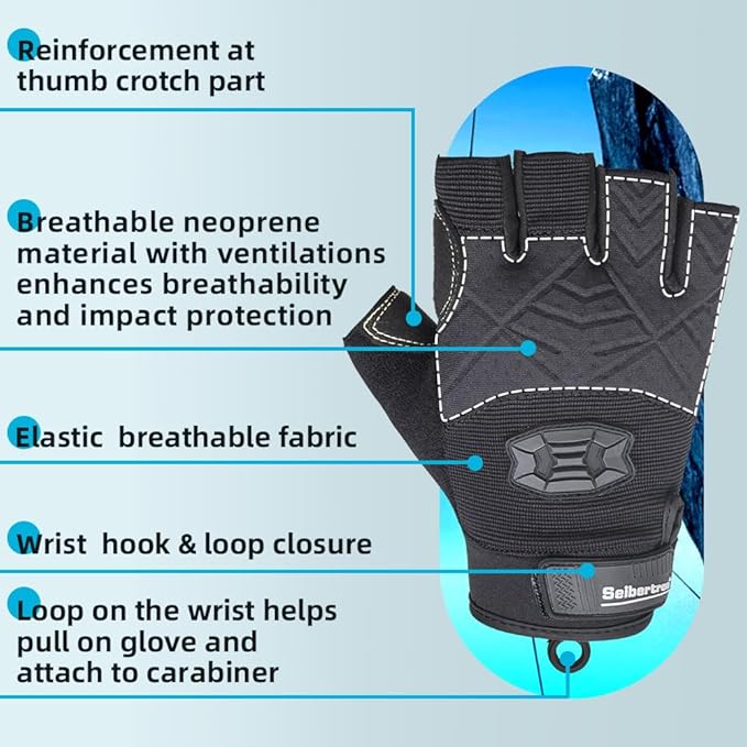 Seibertron Full or Half Finger Padded Palm Lightweight Breathable Climbing Rope Gloves for Climbers, Rock Climbing, Rescue, Adventure, Sailing, Kayaking, Outdoor Sports