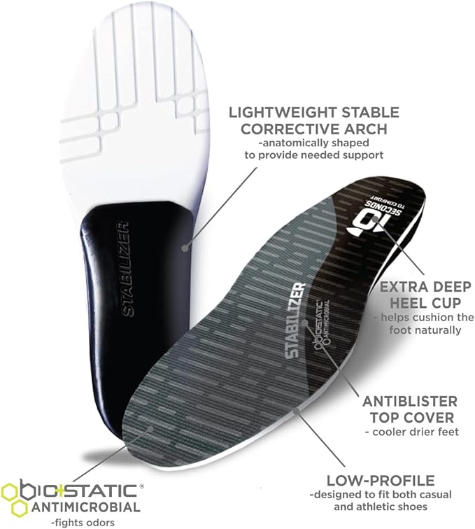 10 Seconds Stabilizer Insole, Medium Corrective Arch, Soft Support, Designed for Instability and Low-Profile Footwear, Deep Heel Cup, Anti Odor and Blister Topper (M 9.5/10.5, W12)