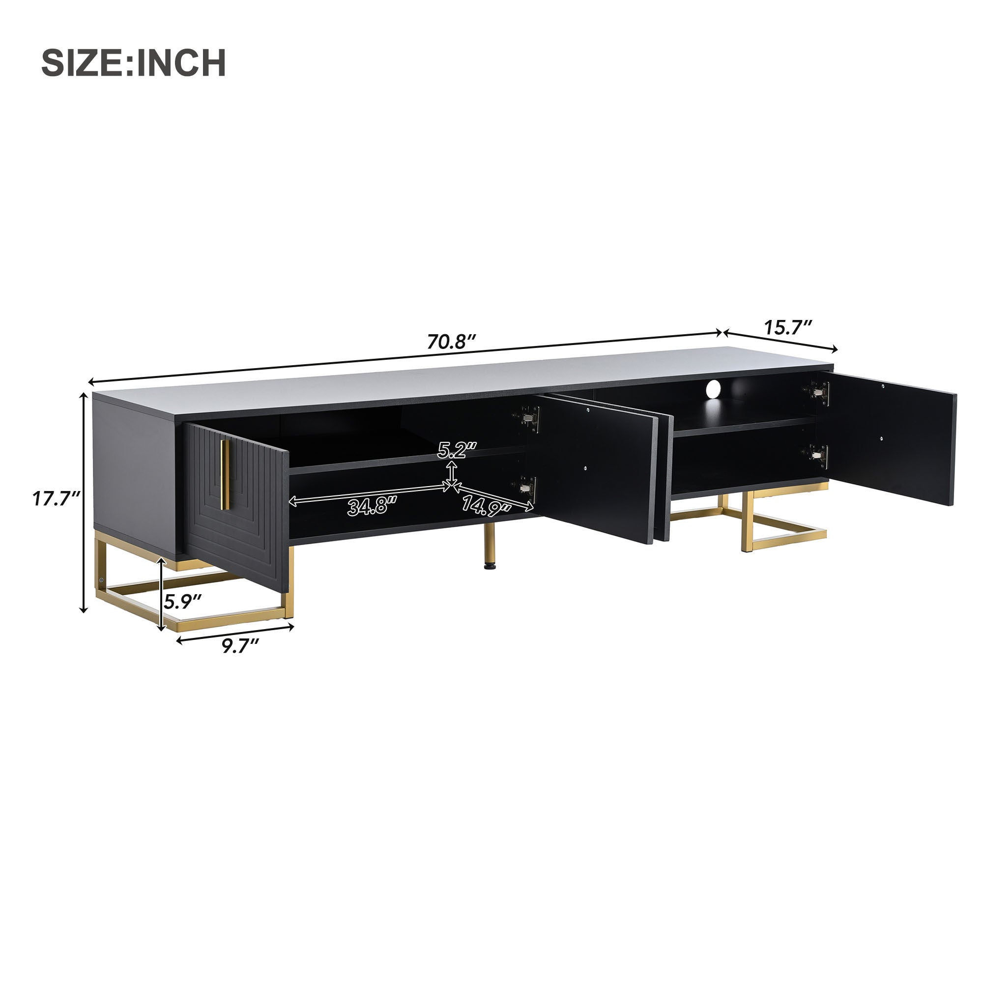 TV Stand Modern Black Gold Geometric Door MDF Adjustable Shelves Fits 80 In