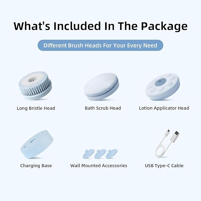 Electric Body Brush Back Scrubber for Shower, Waterproof Long Dual Handle Power Body Scrubber with 3 Heads, Rechargeable Bath Brush & 2 Speeds, for Cleansing, Exfoliating and Massaging Skin