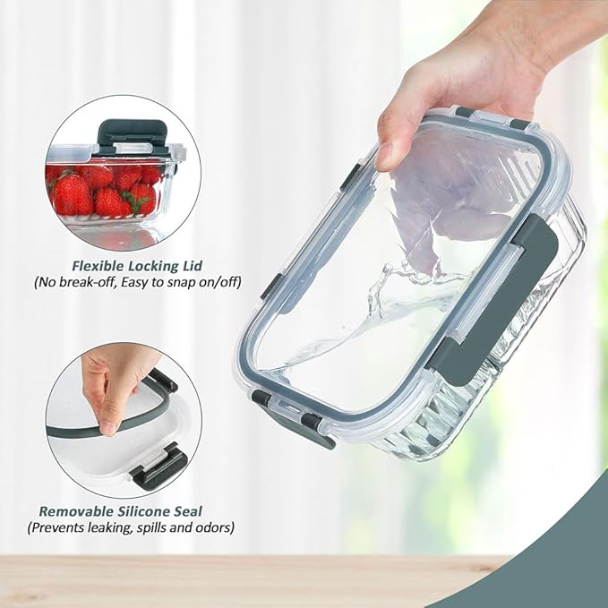 10 Packs Glass Meal Prep Containers with Lids, Glass Food Storage Containers Set, Airtight Lunch Containers, Microwave, Oven, Freezer and Dishwasher Safe, Gray