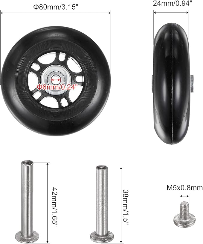 uxcell Replacement Luggage Wheels 80x24mm Suitcase Wheel Repair Kits Include 2 PU Bearing Wheels & Washers, Wrenches & Axle Screw for Trolley Bag, Inline Skate and Caster Board