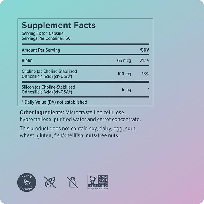 Biosil Advanced Hair + Nail Care - Growth Vitamins for Women - Strengthen & Thicken Strands - 60 Capsules - Patented ch-OSA - 30-Day Supply