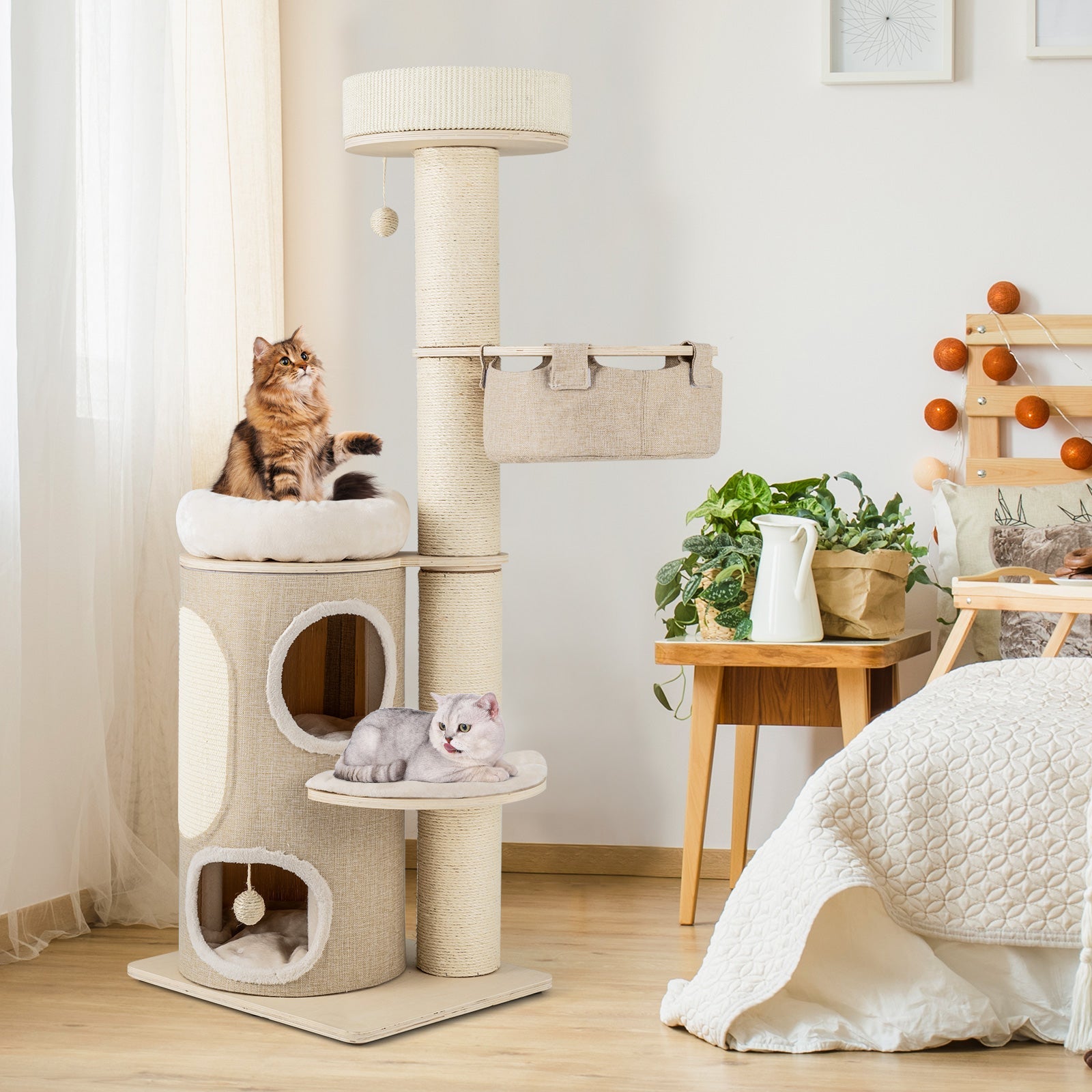 61 Inches Cat Tree for Indoor Cats with 2-stoery Condo and Top Perch-Natural
