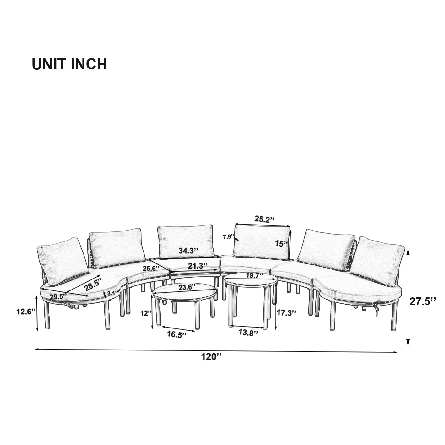 Outdoor Patio Set Half Moon Wicker Aluminum Gray 8 Piece 2 Tables