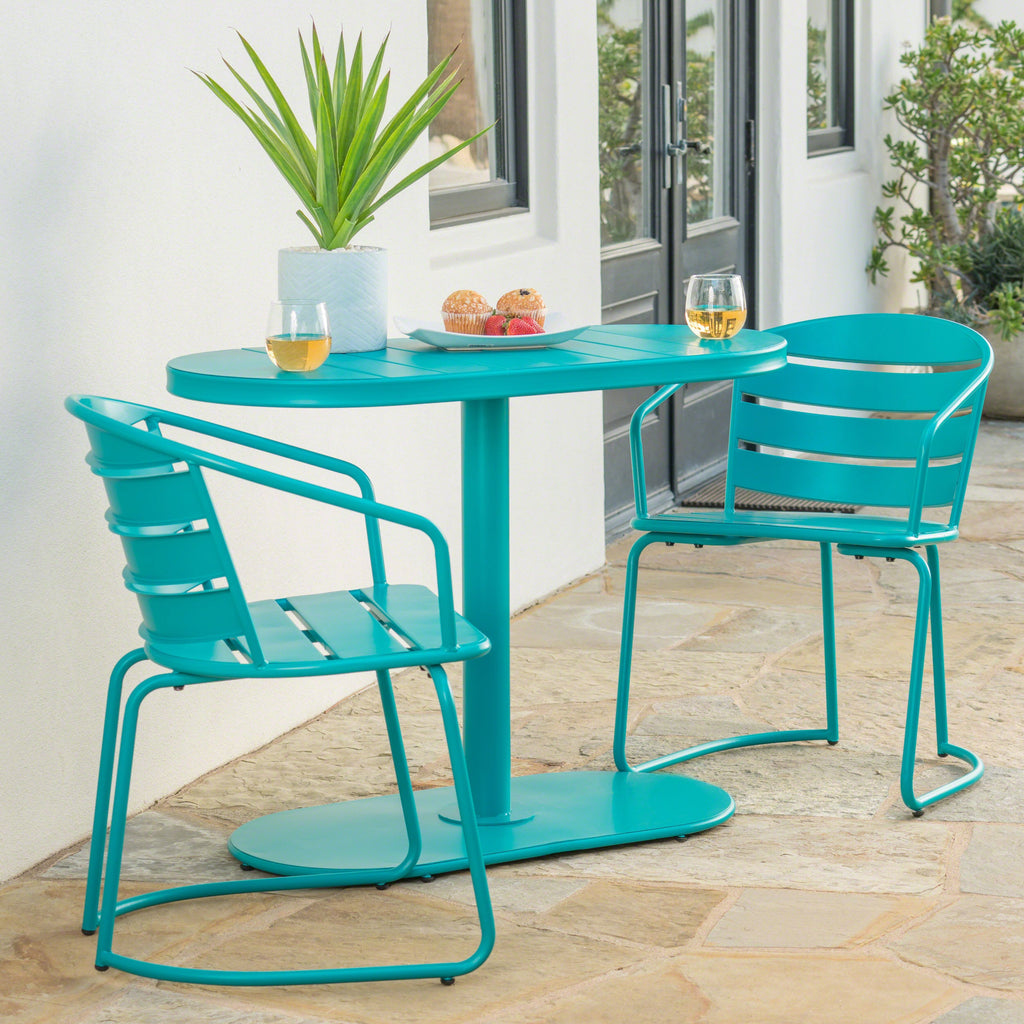 Outdoor Bistro Set Iron Teal 3 Piece Oval Table 2 Chairs Matte Finish