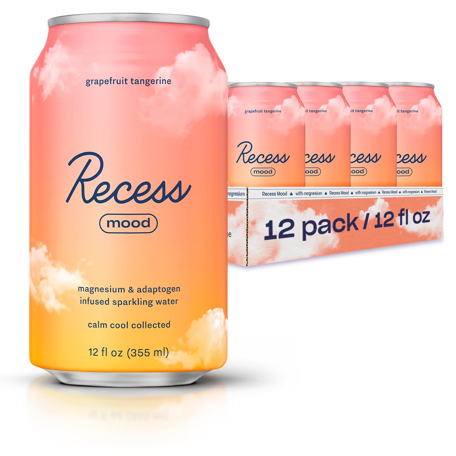 Recess Sparkling Water, Grapefruit Tangerine + Magnesium, 12 fl oz, 12-Pack