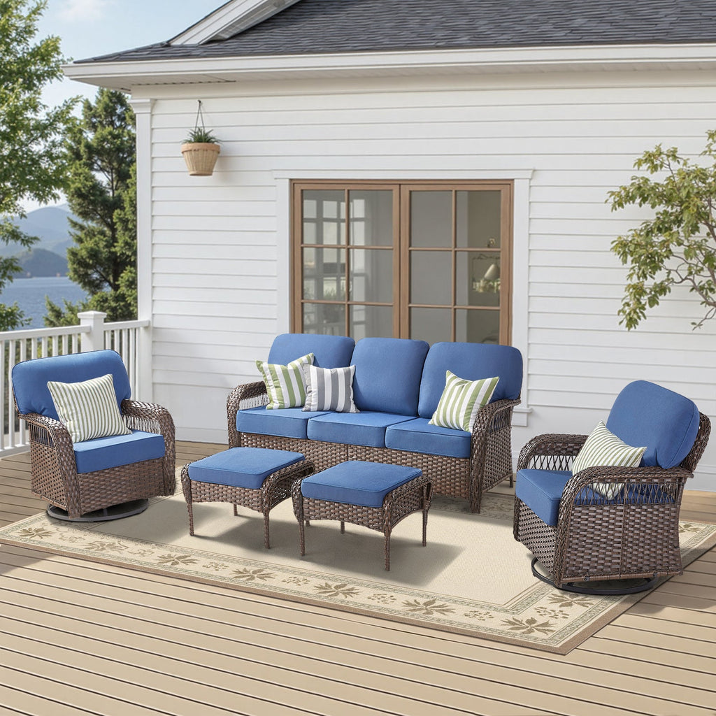 Outdoor Patio Set PE Rattan Blue 5 Piece T-Back Swivel High Back Chairs