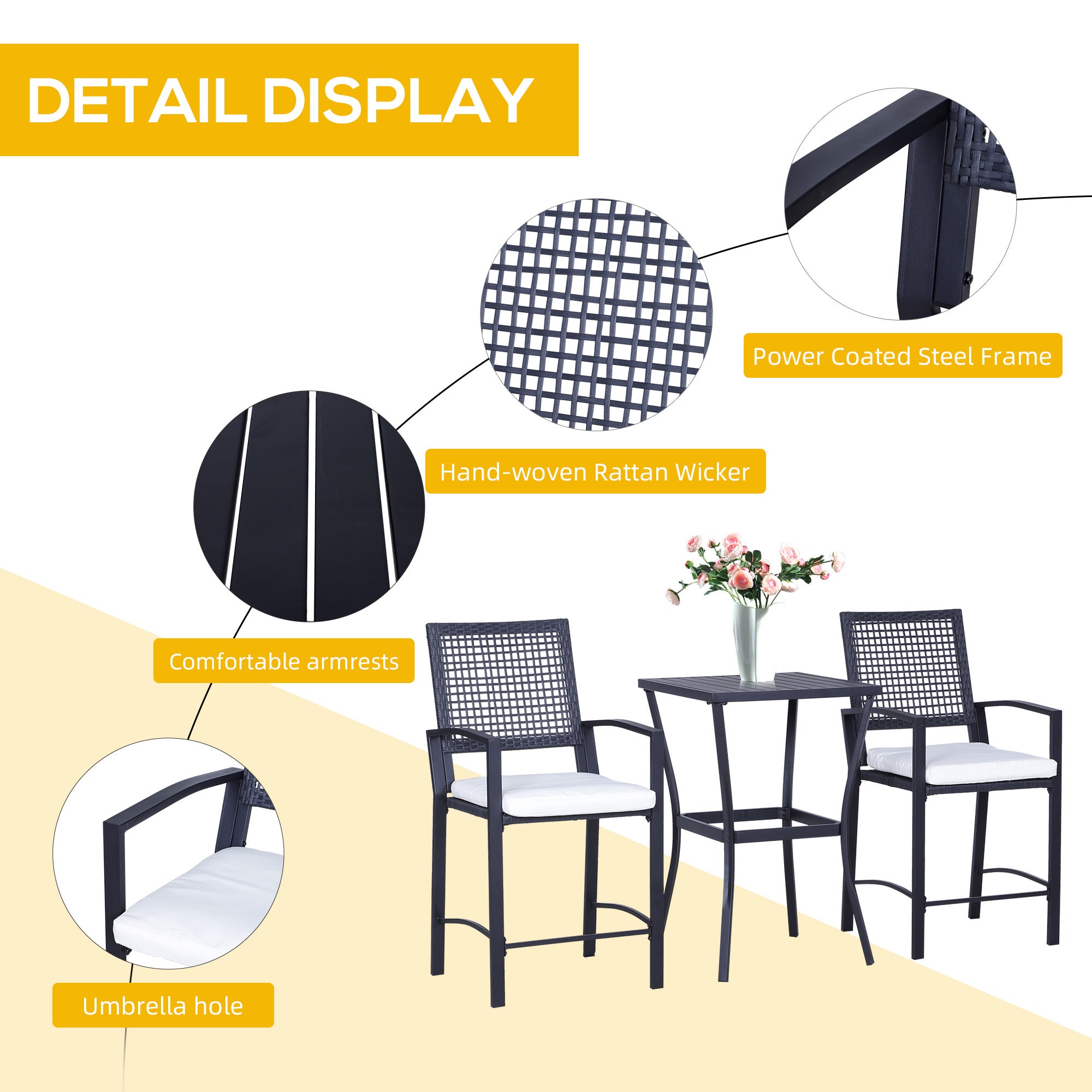 Outdoor Bar Set PE Rattan Black 3 Piece High Table 2 Bar Chairs Footrest