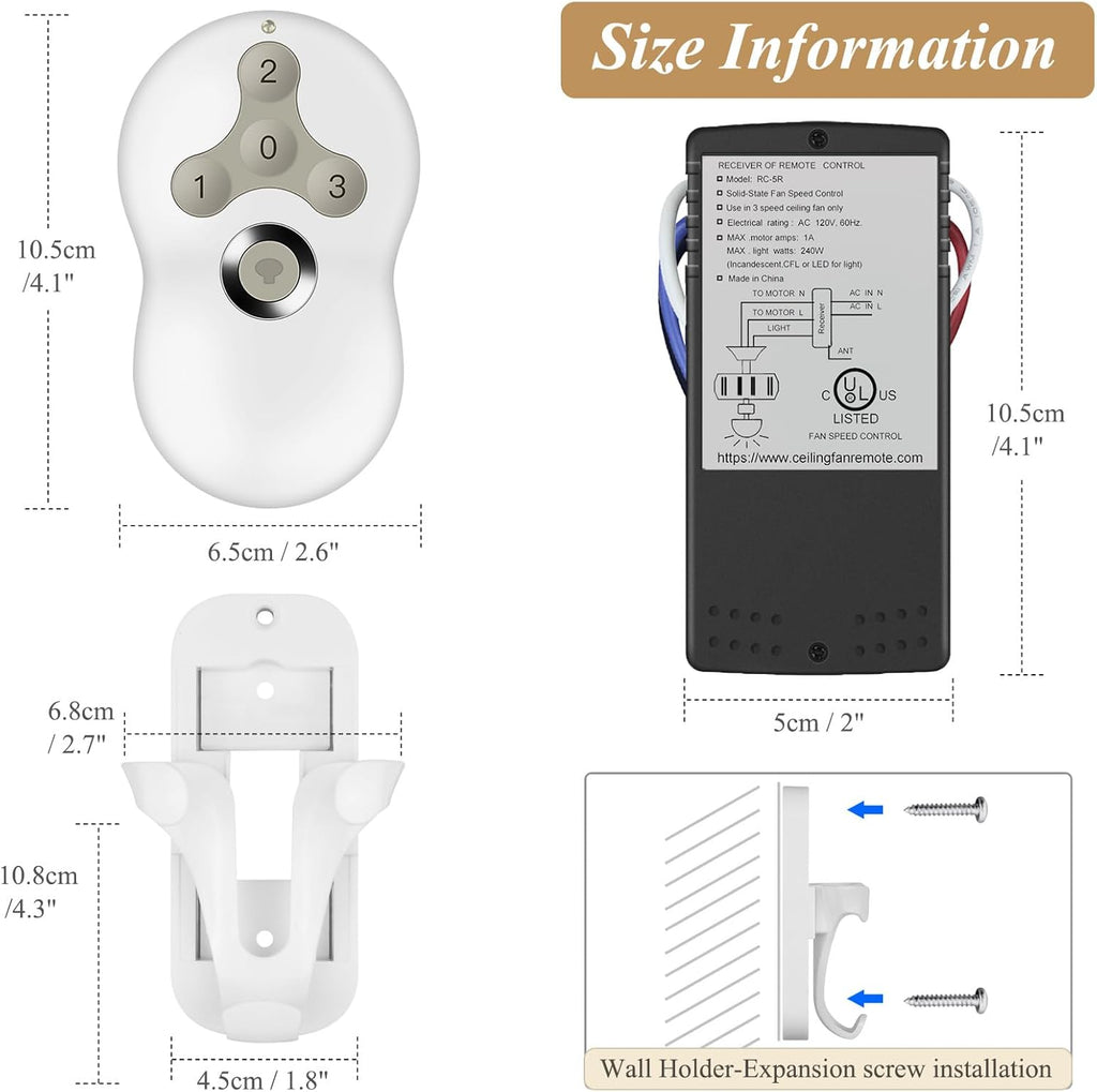 Substitute for Prichor RC-5T RC-5R Ceiling Fan Remote Control Kit for 3-Speed Ceiling Fans [63T-AC83T-KIT]