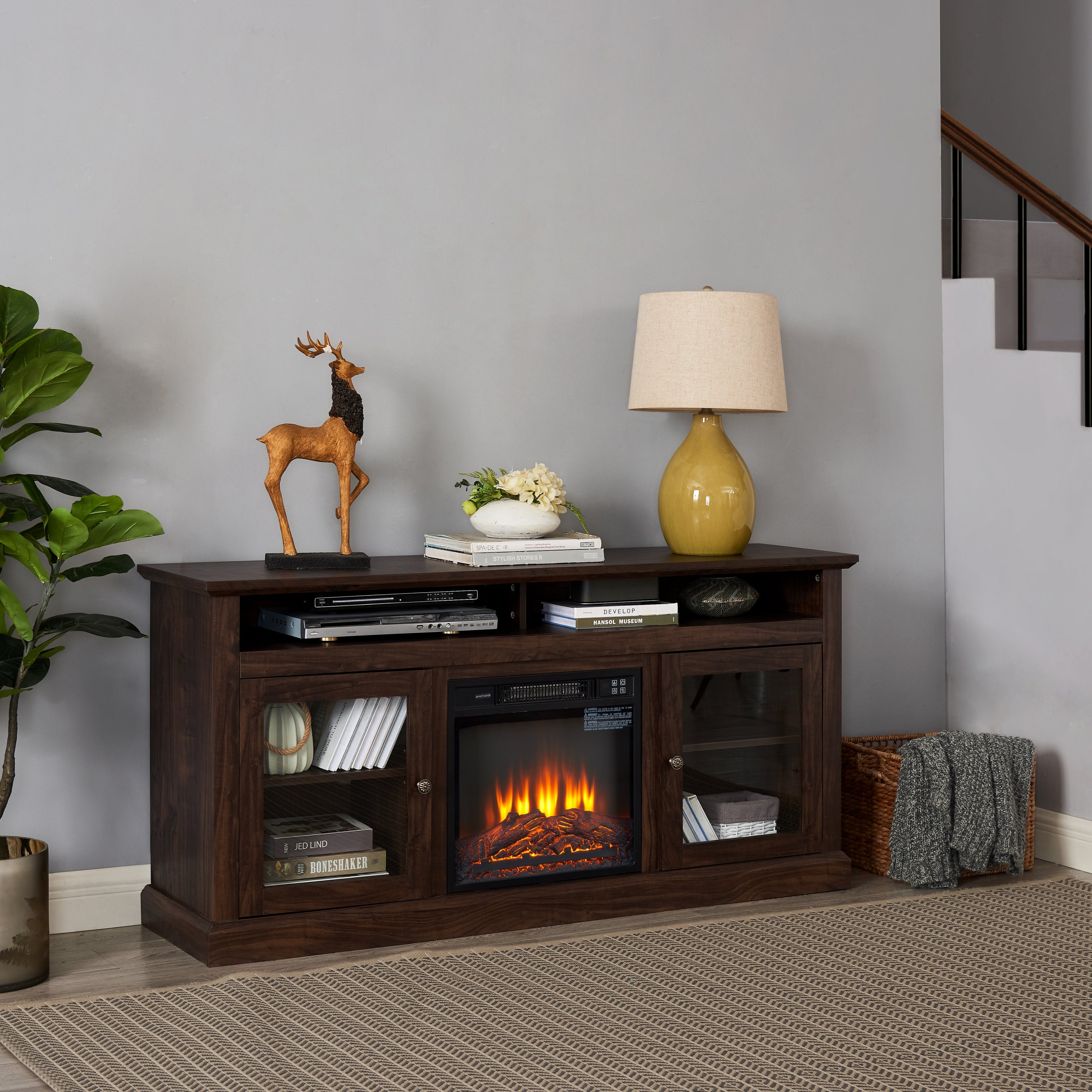 TV Stand Fireplace American Traditional Brown MDF 1400W Fits 65 In TV 60 In