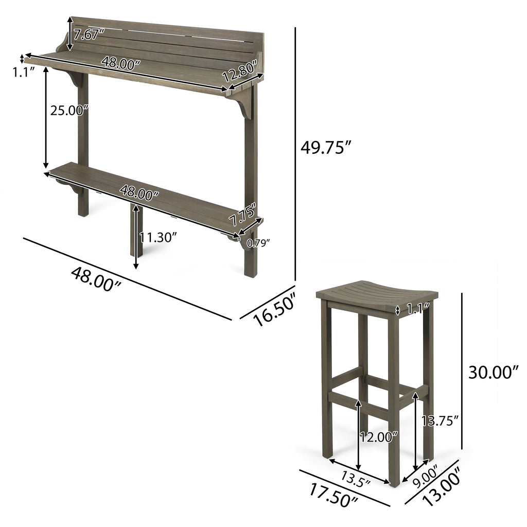 Outdoor Balcony Bar Set Acacia Wood Gray 3 Piece Table 2 Stools Seats 2
