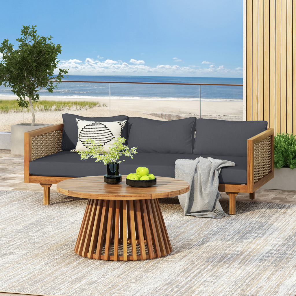 Outdoor Patio Set Acacia Wood Wicker Teak Dark Gray Daybed 2 Piece 600 LB